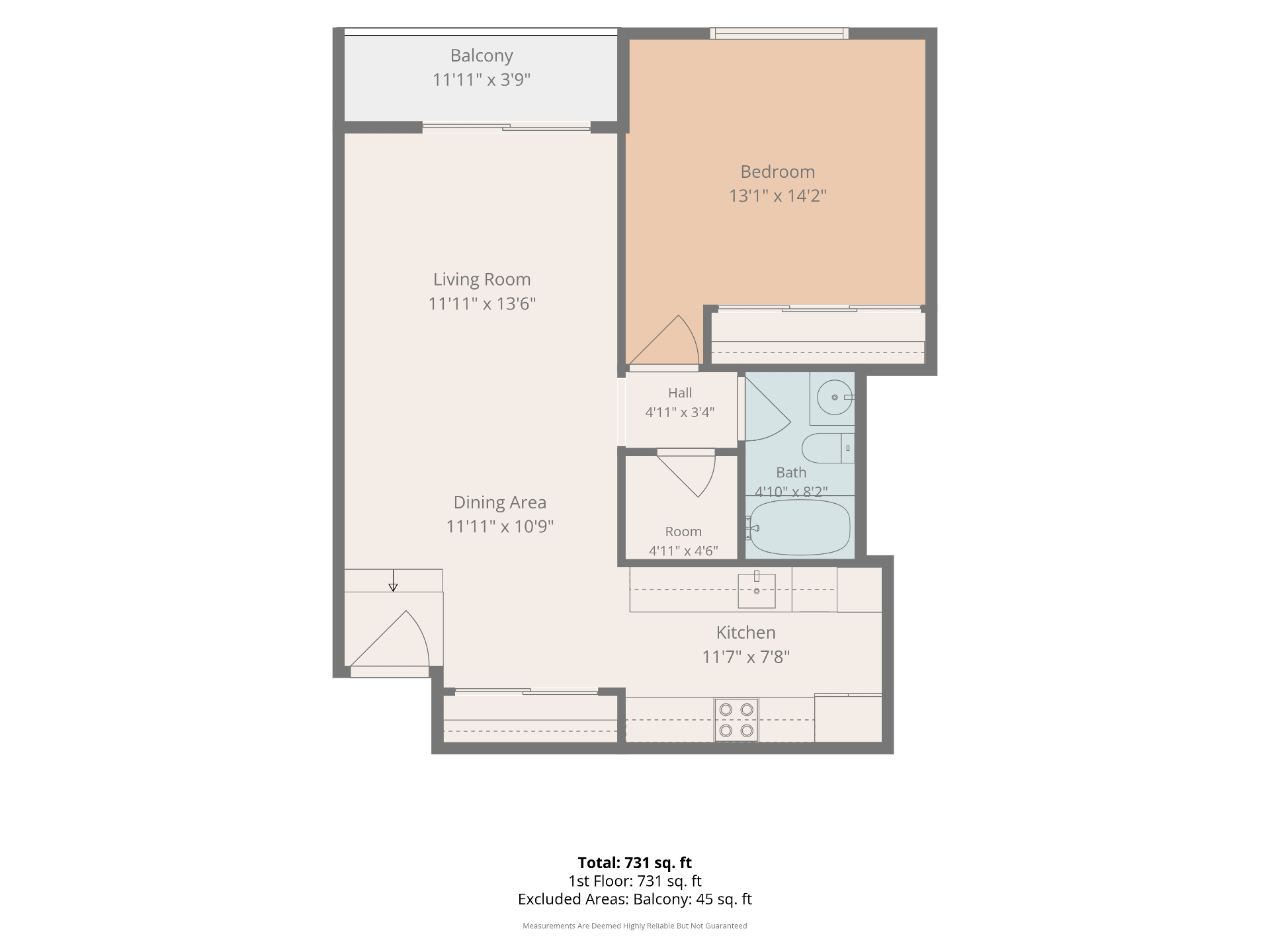 Floorplan of 3565 Linden Ave #141 with room dimensions — 731 sq ft total (689 sq ft interior plus 45 sq ft balcony)